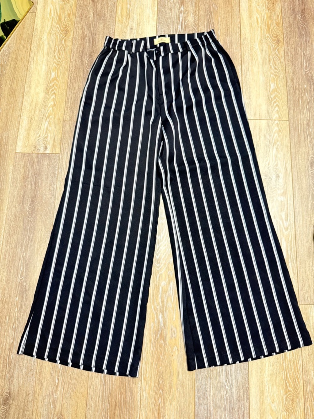 #6)  Grace Karin Black Wide-Leg Pants with White Pinstripes